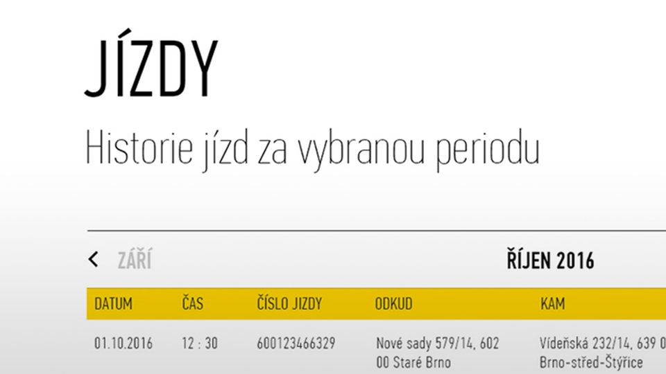 Přehled jízdy v systému City Taxi Brno