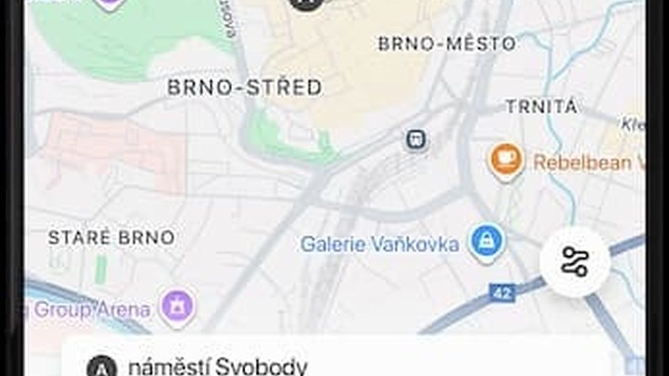Mapa objednávky v mobilní aplikaci City Taxi Brno